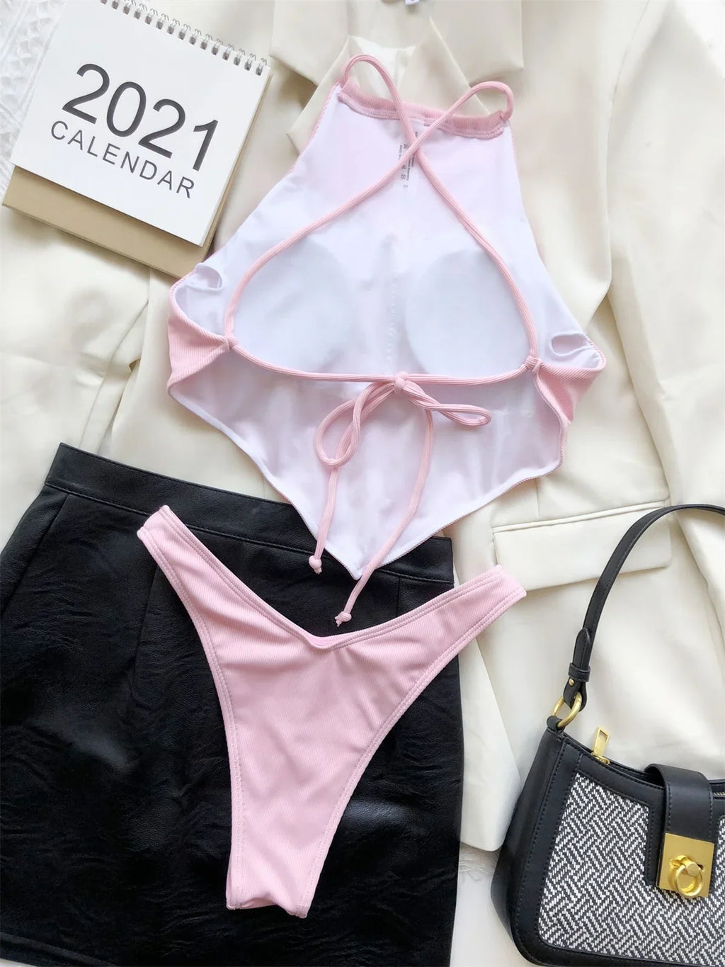 Sexy Ribbed Bikini Set Blue Pink High Neck Cut Out Push Up Crop Top 2 Piece Swimsuit Bathing Suit Thong Swimwear 2024 Beachwear