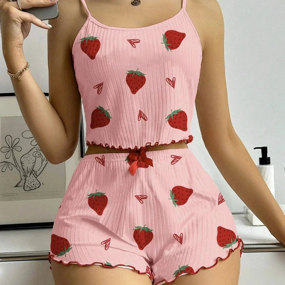 Women's Strawberry Print Ribbed Knit Ice Silk Camisole Pajama Set Comfortable Two-Piece Sleepwear for Summer