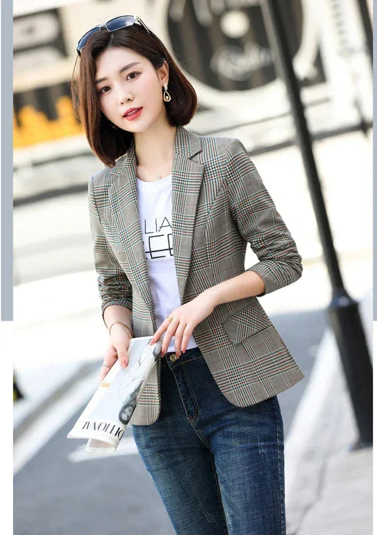 Gray Striped Plaid Blazer Jacket Women's Fashion Slim Coats V-Neck Single Button Ladies Blazers S-XXXXXL