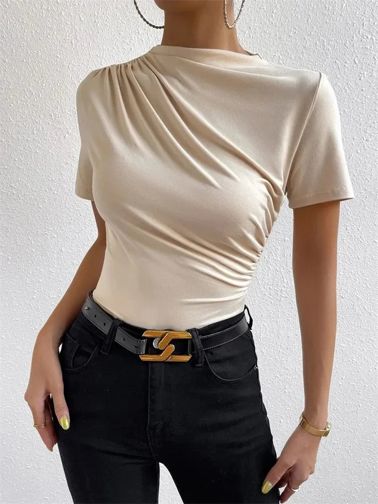 Women Short Sleeve Pleated T-shirt Summer Casual Slim Fit Mock Neck Ruched Tee Top Streetwear