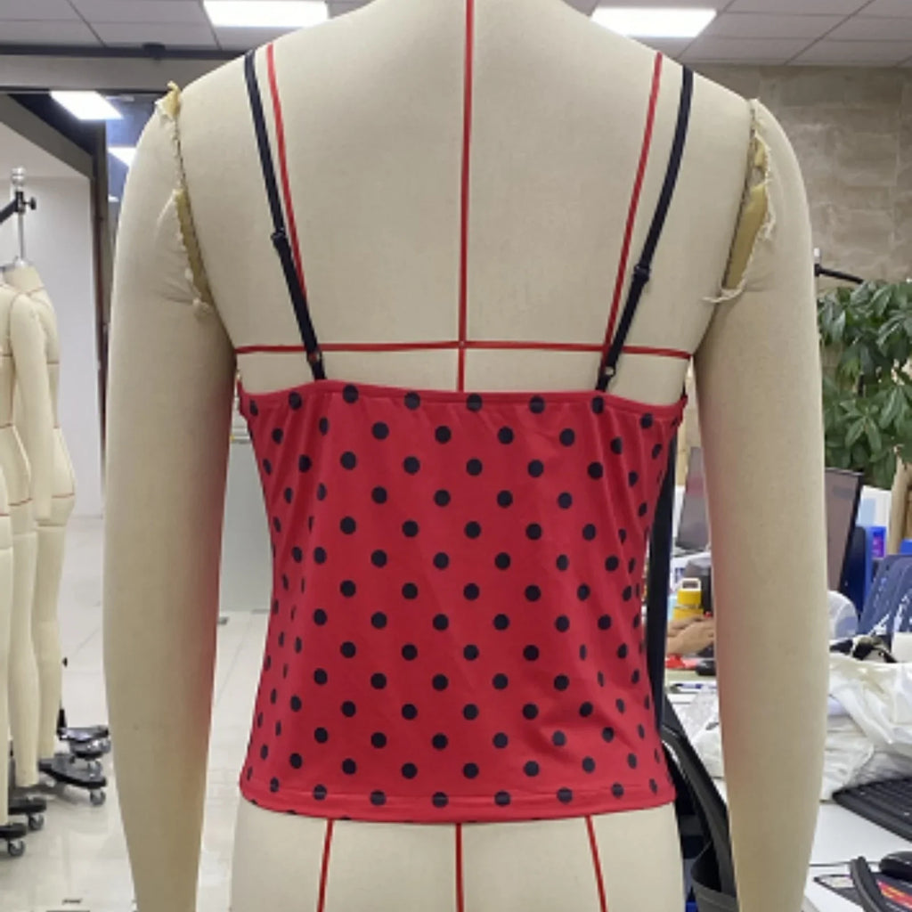 Summer Camisole Women Fashion Deep V Neck Sleeveless Spaghetti Strap Dot Print Lace Patchwork Bow Decor Vest