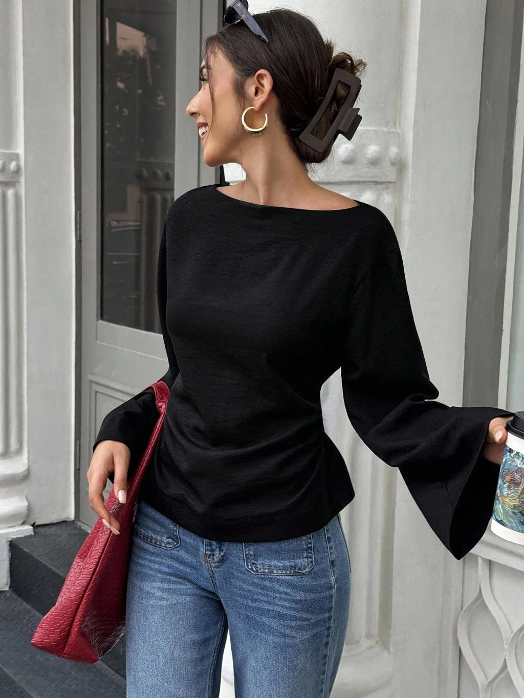 Women's Casual Solid Color Boat Neck Flare Sleeve T-Shirt Elegant Back Tie Slim Fit Long Sleeve Tops Spring/Fall