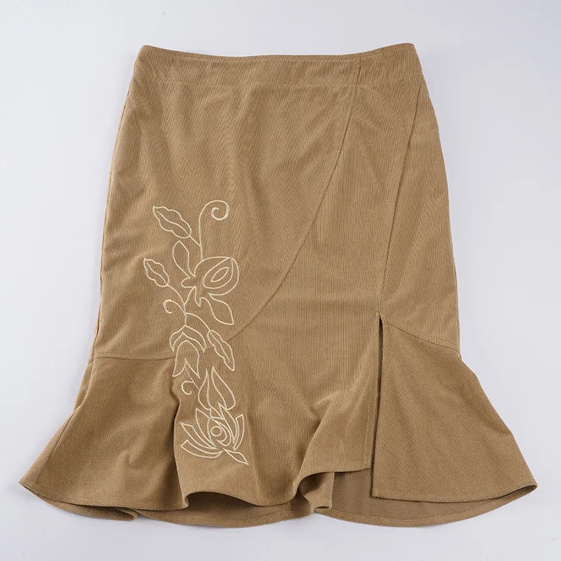 Trendix Women's Vintage Midi Skirt 2026 Summer High Waist Slim Ruffle Fishtail Skirts Party Side Slit Elegant Embroidery Skirt