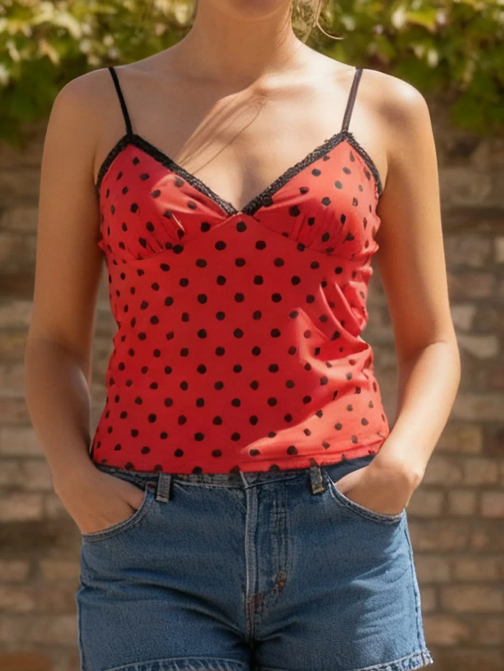 Summer Camisole Women Fashion Deep V Neck Sleeveless Spaghetti Strap Dot Print Lace Patchwork Bow Decor Vest