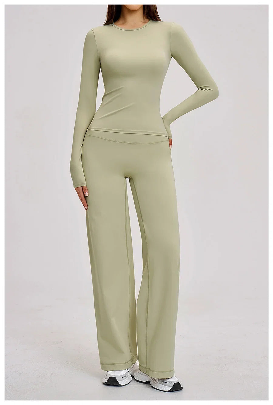 Yoga Set 2 Pieces Women Fitness Sportswear Gym Loose wide-leg pants Long-sleeved T-shirt Sports Crop Tops Tracksuit Workout Wear