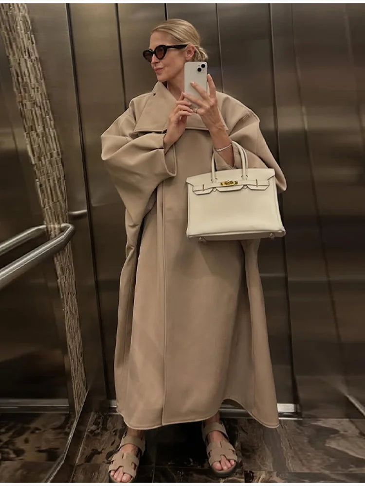 Women's Elegant Faux Suede Long Jacket Stand Collar Bat Sleeve Solid Overcoat Outwears 2025 Autumn Winter Female Streetwears