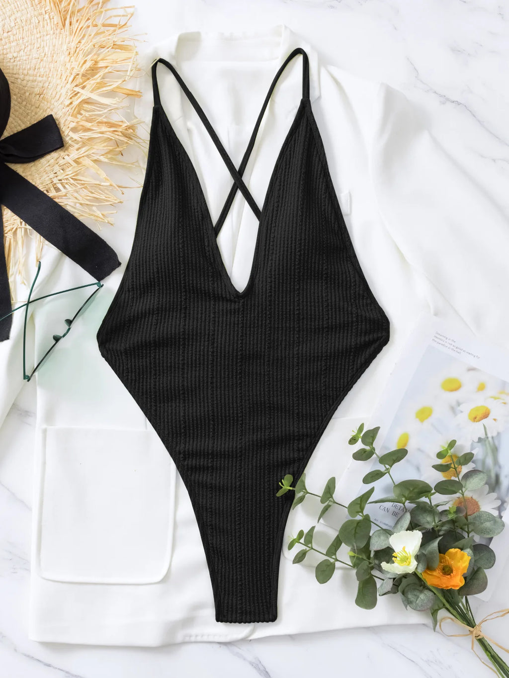 One Piece Swimsuit Women 2024 Sexy Deep V Neck Ribbed Tummy Control Swimwear Brazilian Hollow Out Backless Bathing Suit Monokini