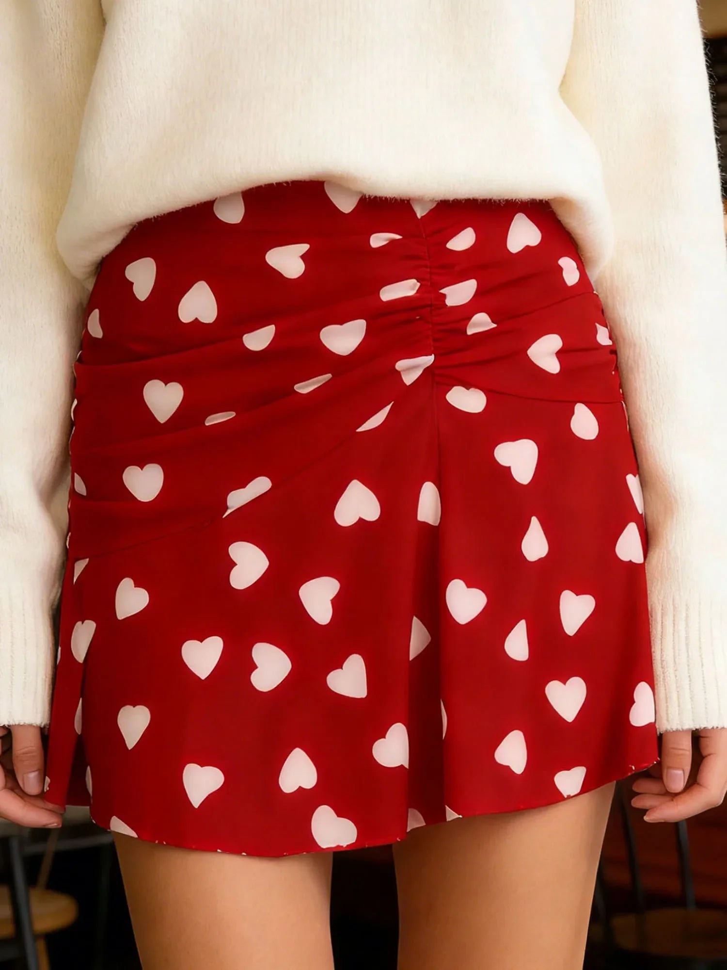 Women Heart Print Ruched Skirt Fashion Streetwear Casual Mini Skirt Valentine'S Day Mini Skirts High Waist Skirts Streetwear