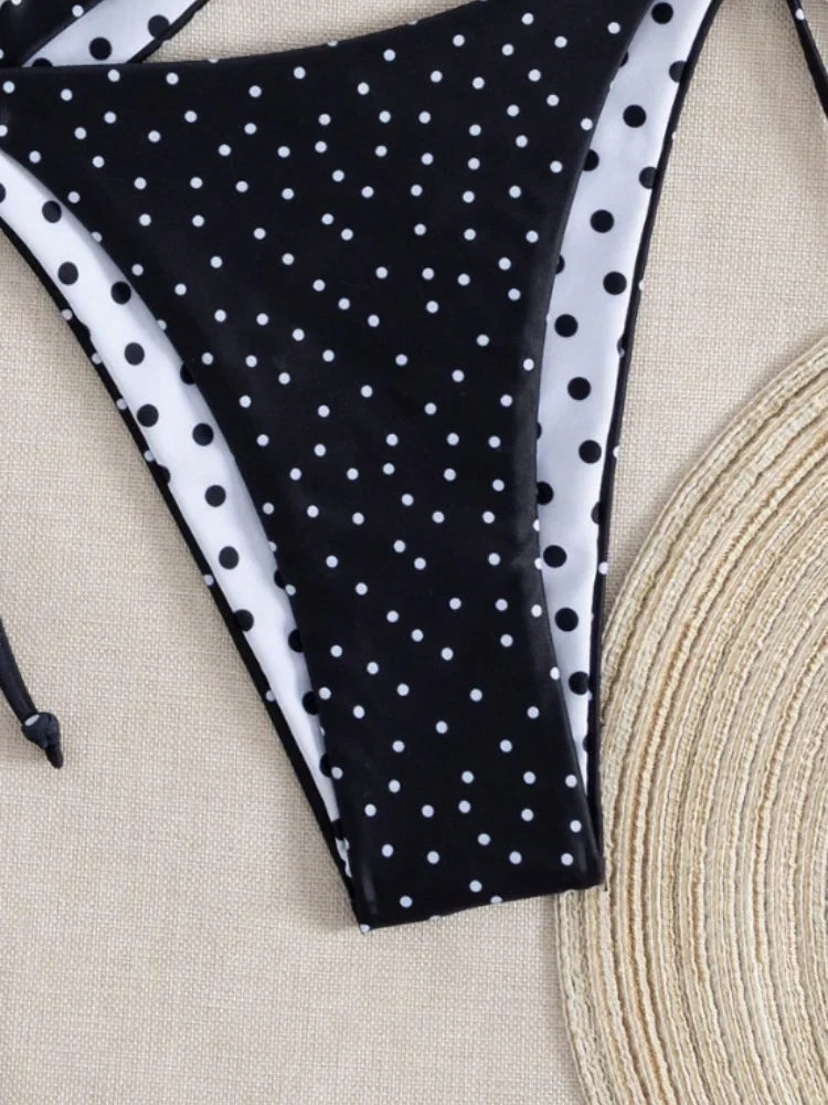 Sexy Black Polka Dot Print 3 Piece Bikini Set Women Tie Side Thong Swimsuit Brazilian Push Up Bathing Suit Swimwear Biquini 2026