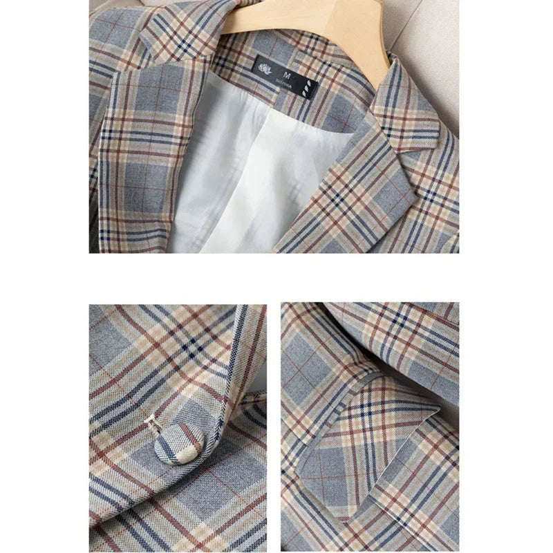Gray Striped Plaid Blazer Jacket Women's Fashion Slim Coats V-Neck Single Button Ladies Blazers S-XXXXXL