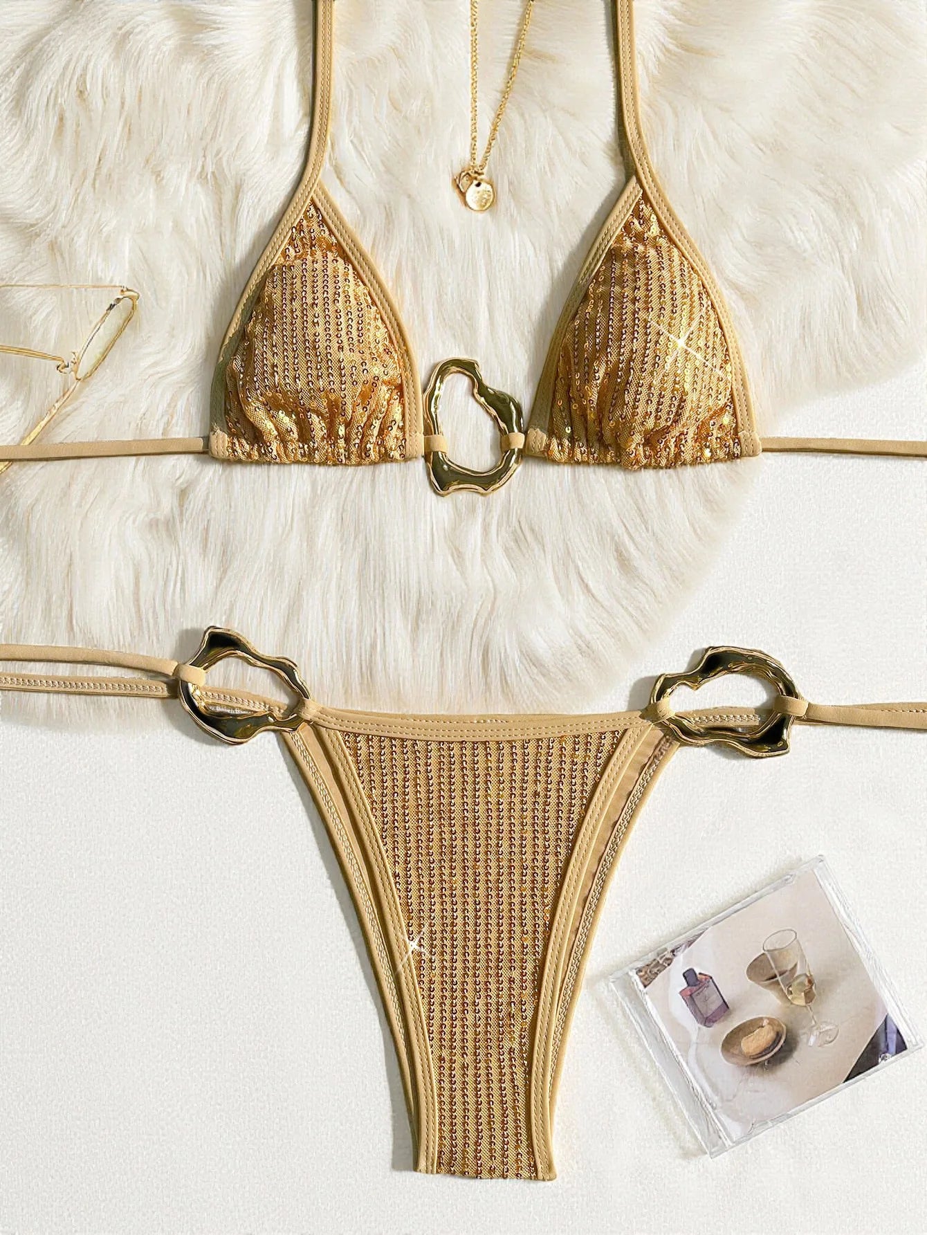 Sexy Glitter Sequin Gold Bikinis Sets Women 2026 Metal Circle Push Up Tie Side Thong Swimsuit Beach Bathing Suit Micro Swimwear