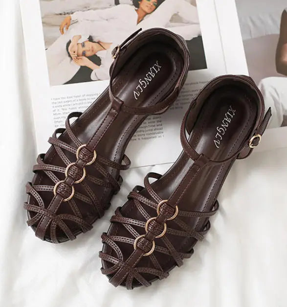 Plus Size Women Roman Sandals Woven Chunky Heel Closed Toe Ankle Strap Hollow Vintage Fashion Dress Beach Gladiator Sandalias