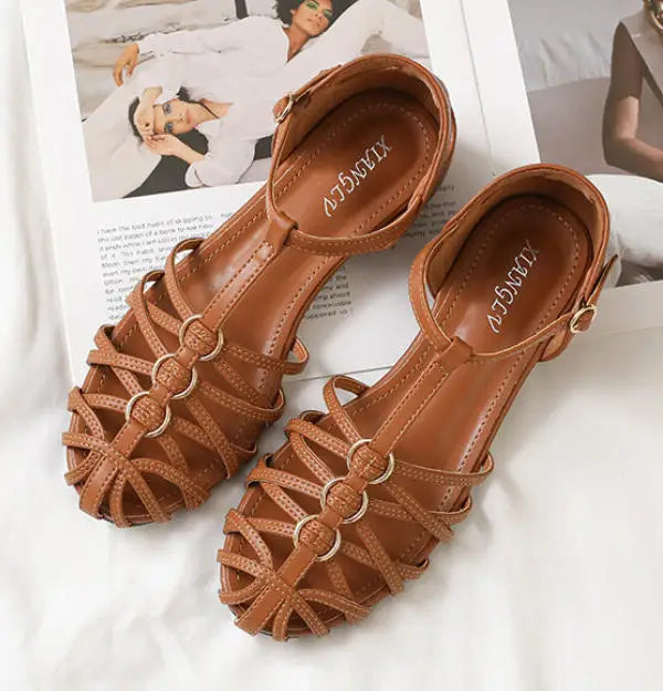 Plus Size Women Roman Sandals Woven Chunky Heel Closed Toe Ankle Strap Hollow Vintage Fashion Dress Beach Gladiator Sandalias