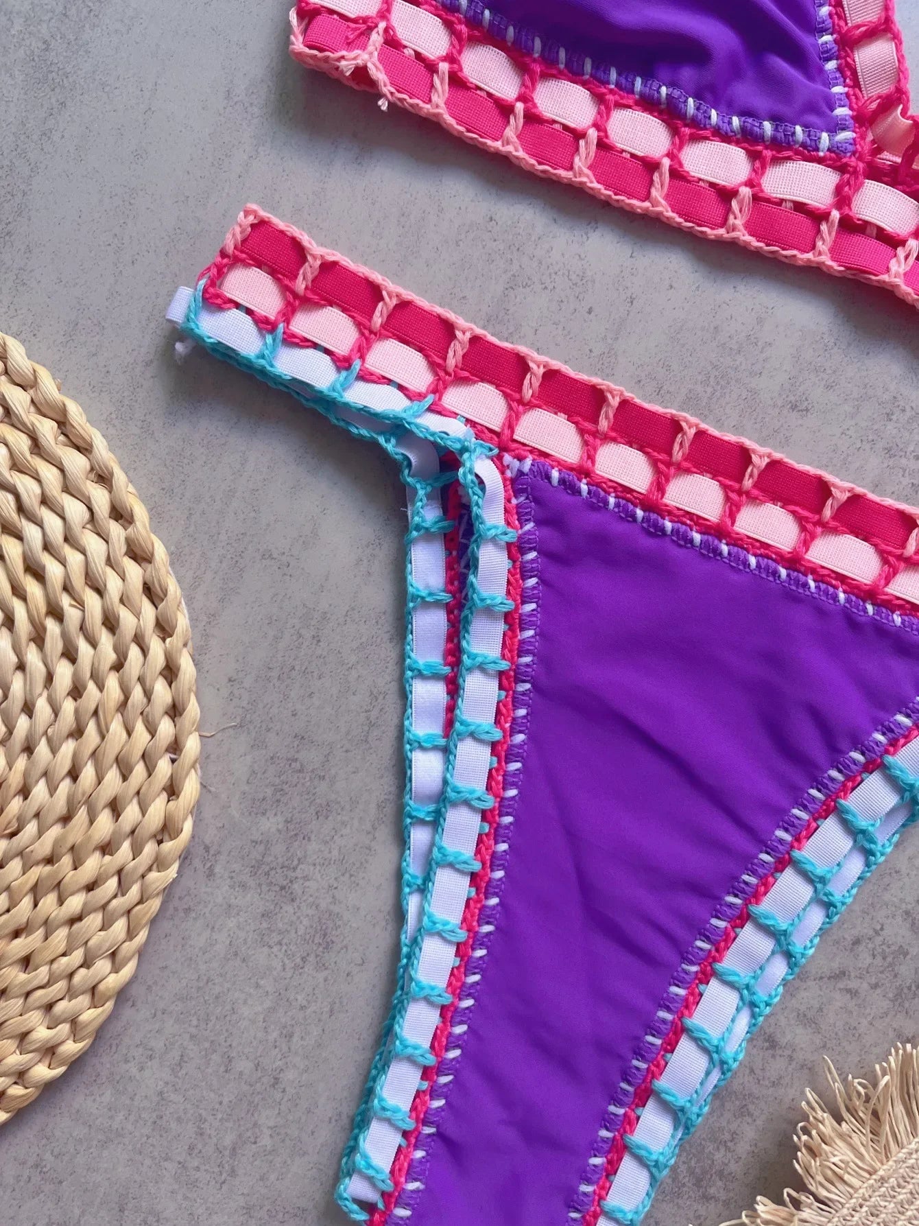 Sexy Black Patchwork Hand Crochet Bikini Set Women 2026 V Neck Push Up Bra Thong Swimsuit Beach Bathing Suit Knitted Swimwear