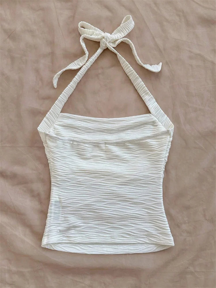 Wave Pattern Solid Color Halter Crop Top for Women Summer Sexy Ruched Waist Backless Cami Top Tank Top Streetwear Y2k Clothes