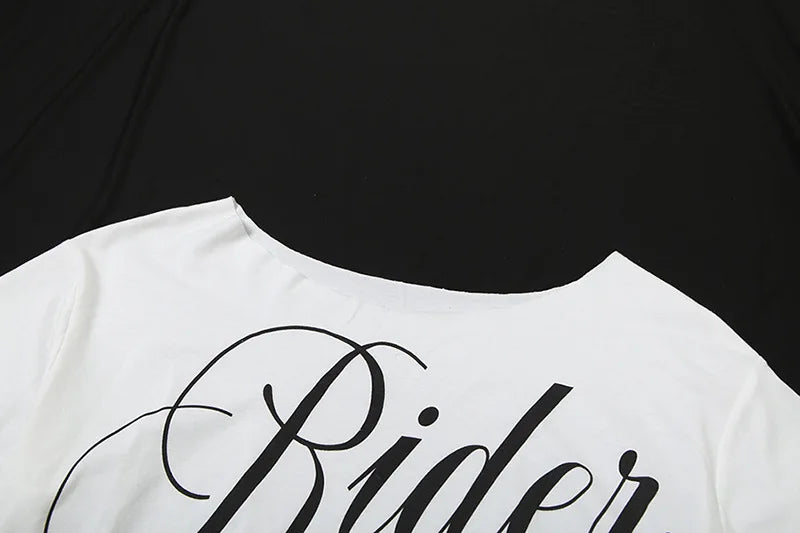 Letter Print Oversized Tees Women Skew Collar Off Shoulders Short Sleeves T-shirt Irregular Hem Hip-hop Style Trend Crop Tops