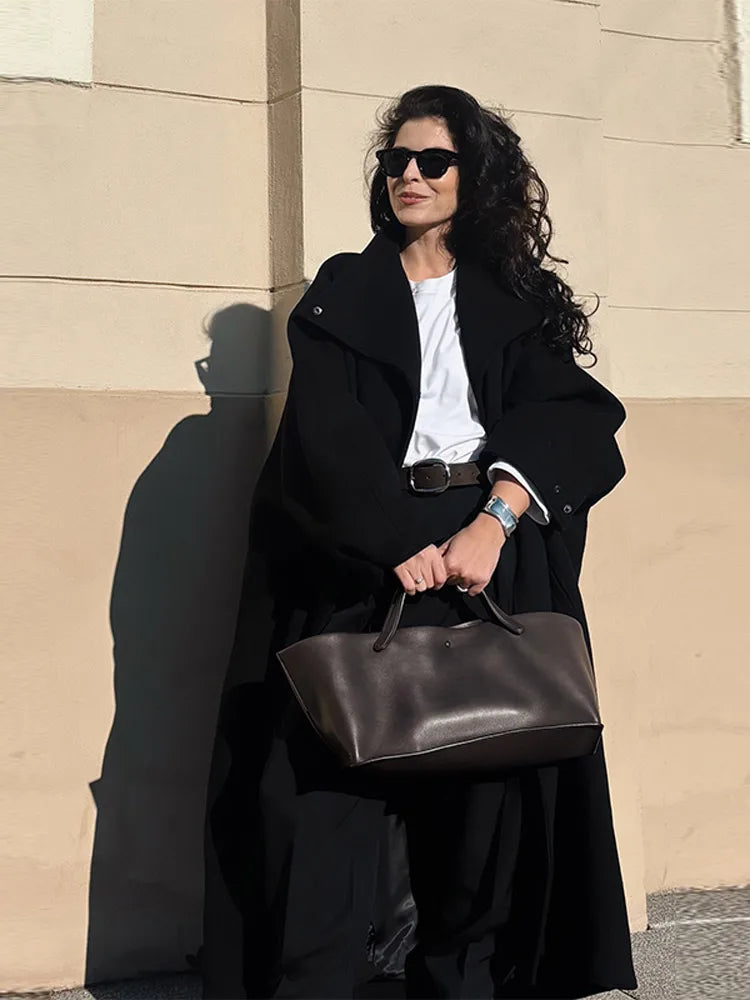 Women's Elegant Faux Suede Long Jacket Stand Collar Bat Sleeve Solid Overcoat Outwears 2025 Autumn Winter Female Streetwears