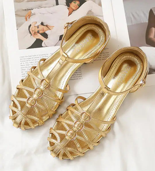 Plus Size Women Roman Sandals Woven Chunky Heel Closed Toe Ankle Strap Hollow Vintage Fashion Dress Beach Gladiator Sandalias