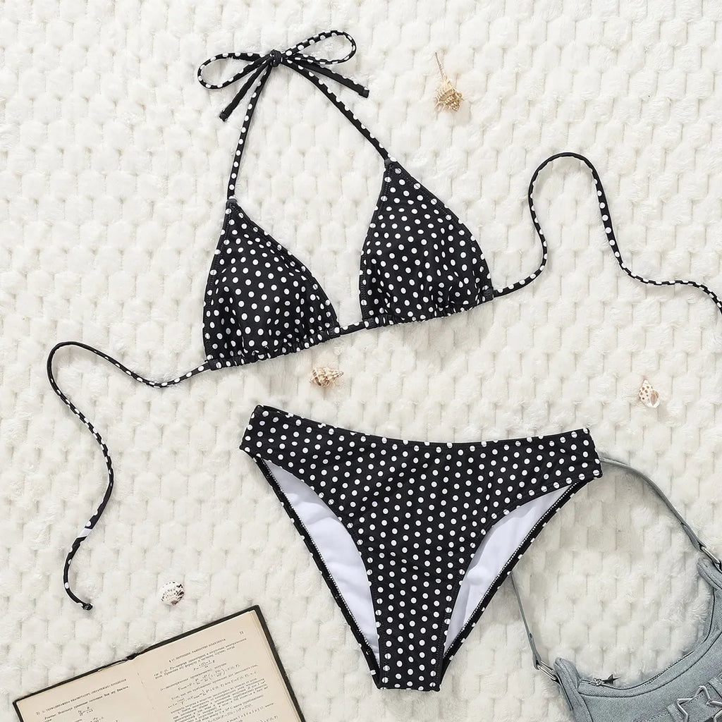 2025 New Women's Black Ground White Dot Printed Swimsuit Halter Neck Low Waist Bikini Set For Summer Female Swimwear Brazilian