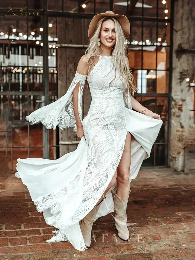 FL&AEVVE Customized Bohemian Chic Civil Bridal Dress Hippie Crochet Lace Wedding Dress With Slit Gatsby Elvish Bride Gown Robe