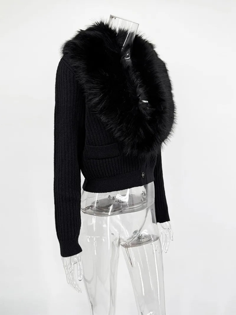 Trendix Black Knit Cardigan For Women Winter Detachable Faux Fur Collar Short Tops Street Slim Party Elegant Outerwear Top Femme