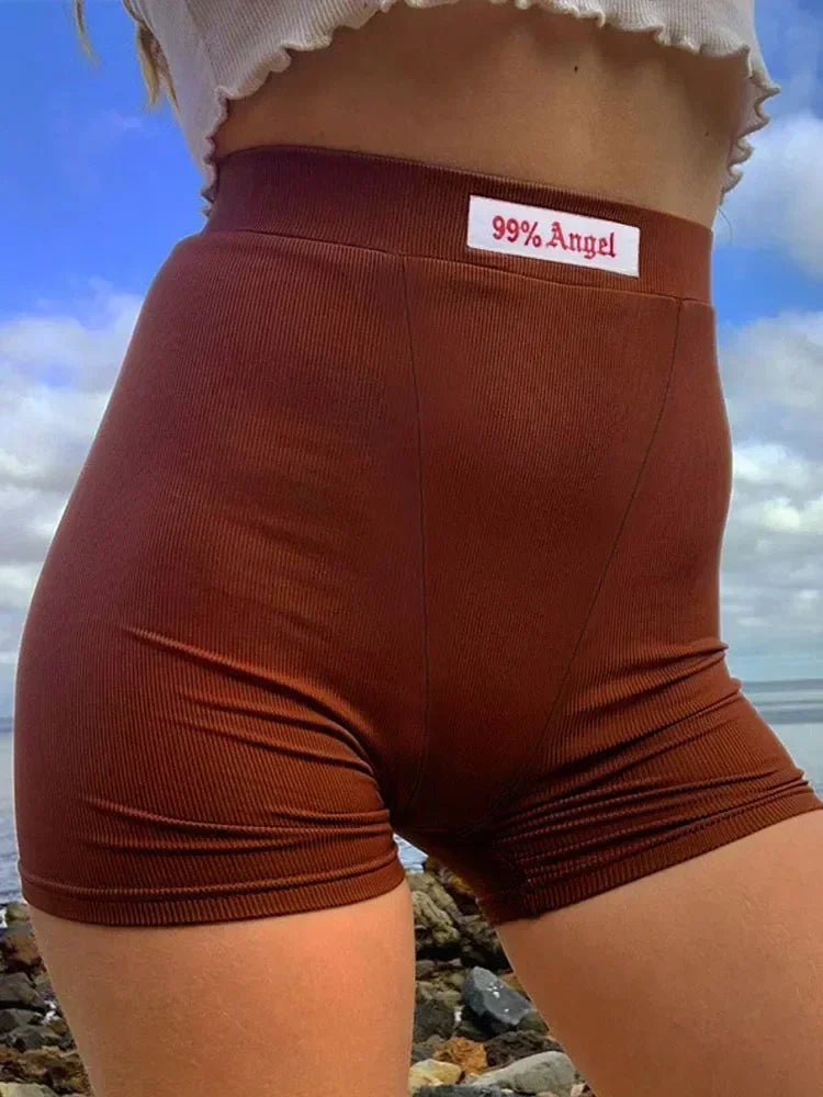 Summer White Letter Embroidery Biker Shorts Women Ribber Knit Black High Waist Casual Streetwear Shorts