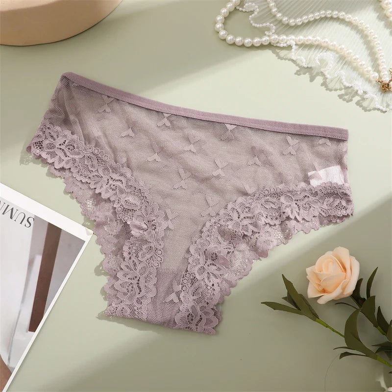 4PCS Lace Bikini Briefs Panties Women's Transparent Lingerie Sexy Female Underpants Floral Lace Perspective Waist Band Briefs