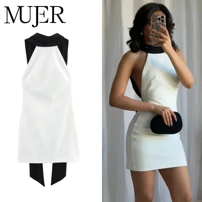 MUJER White Backless Short Dress Woman Halter Elegant Party Dresses for Women off Shoulder Mini Dress Women New in Dresses Woman