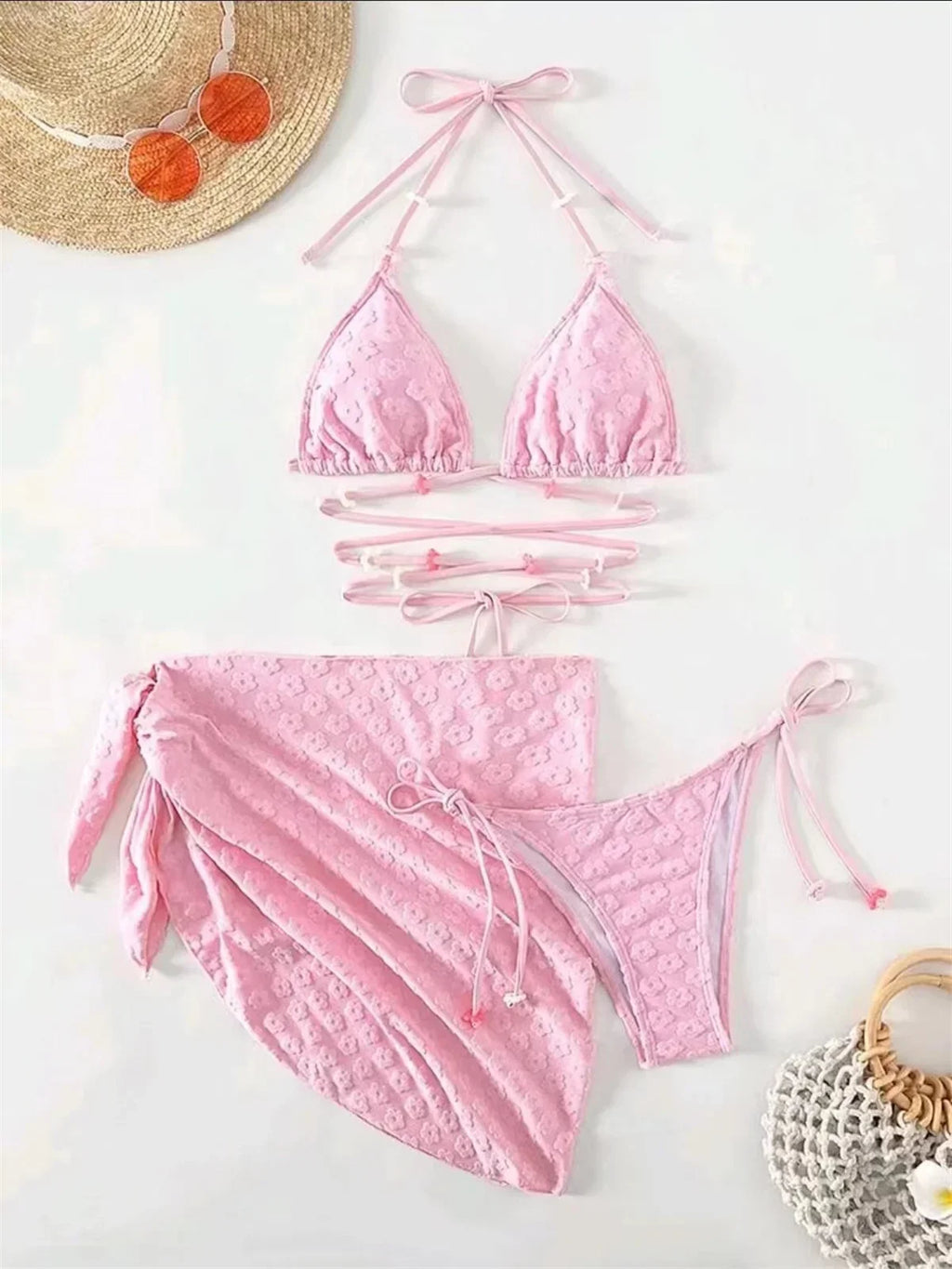 Mesh Skirt Pleated Bikini Set Women Blue White Floral Designer Criss Cross Swimsuit 3 Piece Bathing Suit Cover Up Swimwear 2024