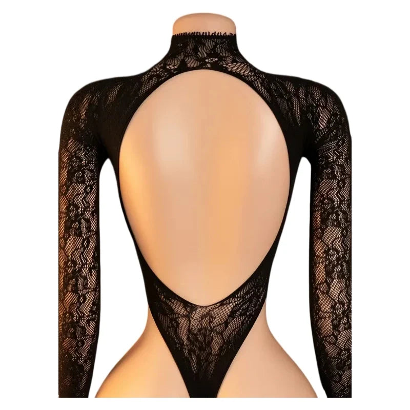 Sexy Lingerie Mesh Backless Open Bra Body Suits Erotic CostumeSee Through Hollow Full Sleeves Jumpsuit Black Plus Size Underwear