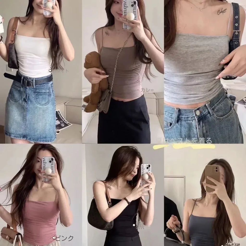 Summer Simple Women's Cotton Sling Camisole Crop Top Sleeveless Shirt Lady Bra Tank Tops Straps Skinny Girls Camisole Base Best