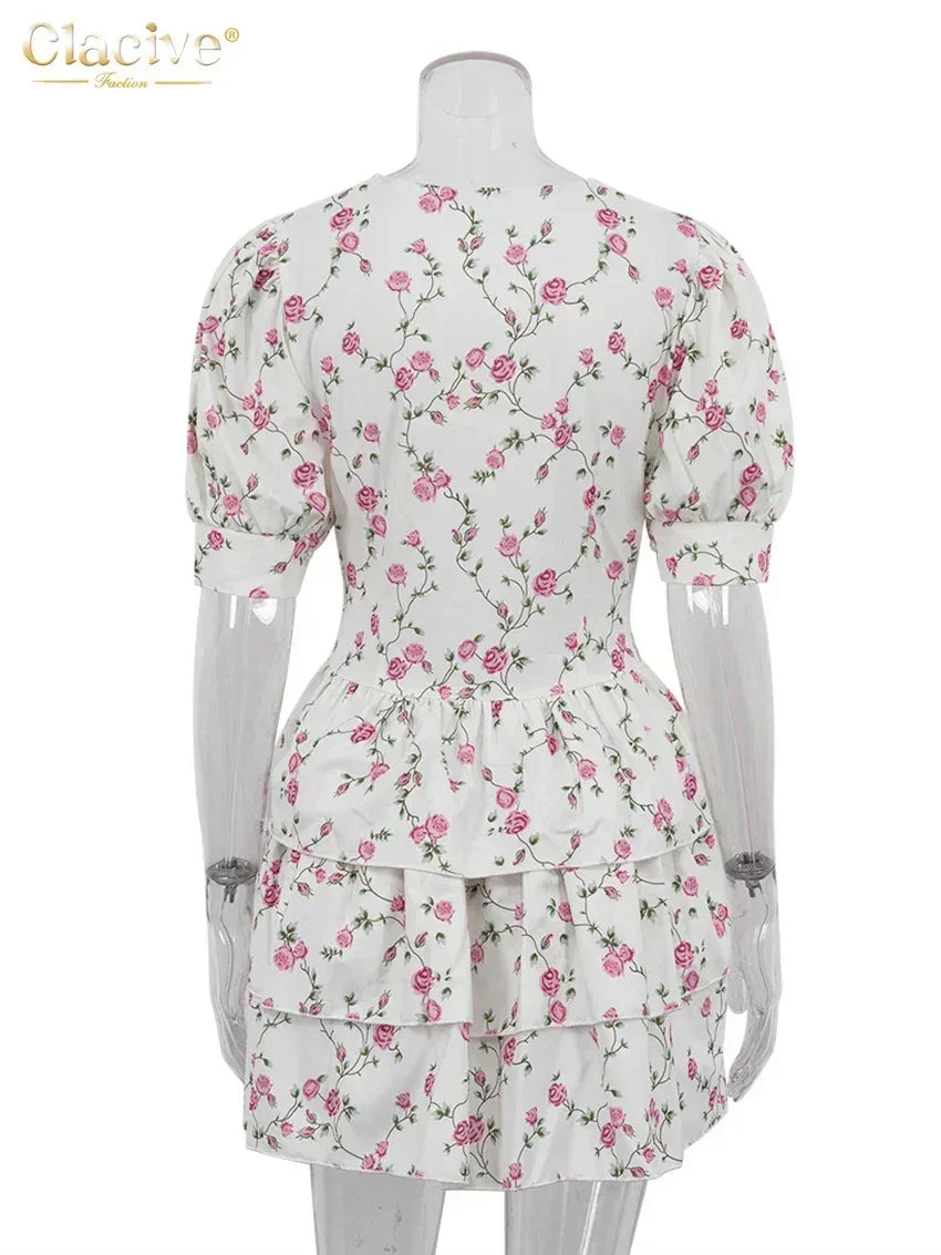 Clacive Summer Slim Print Women's Dress 2024 Sexy V-Neck Short Sleeve Mini Dresses Elegant High Waist Pleated Female Dress