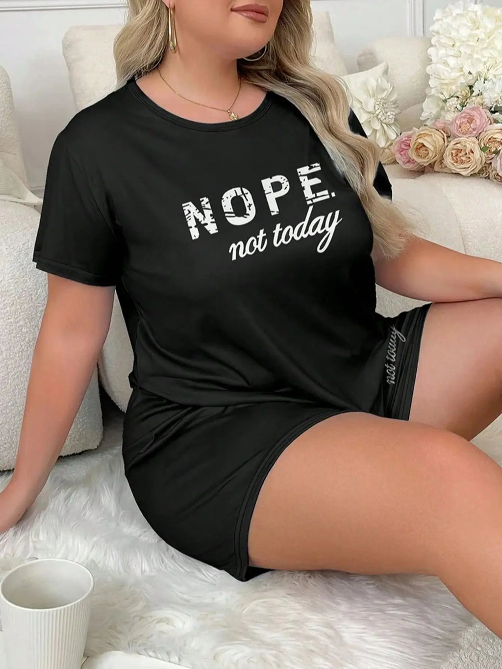 Letters Print Pajama Set Short Sleeve Tee And Elastic Shorts Plus Size Fit Women's Casual Attire Sports Wear Loungewear Homewear