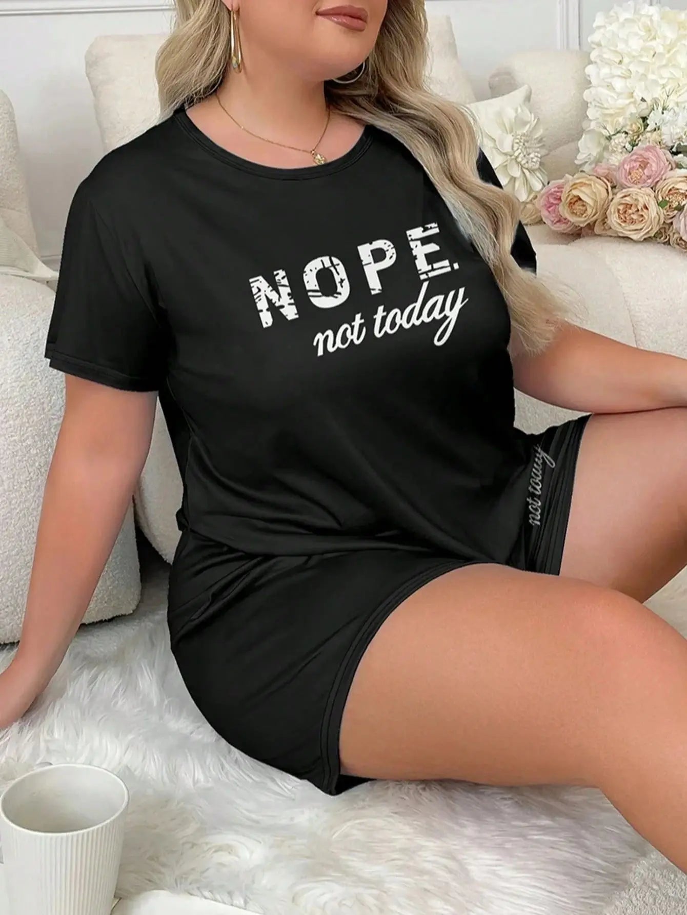 Letters Print Pajama Set Short Sleeve Tee And Elastic Shorts Plus Size Fit Women's Casual Attire Sports Wear Loungewear Homewear