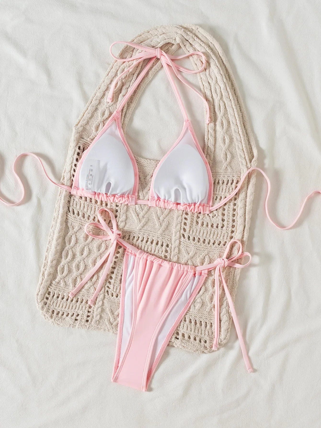 Sexy Pink 3D Floral Bikini Set 2025 Women Halter Push Up Bra Lace Up Swimsuit Beach Bathing Suit Tie Side Thong Swimwear Biquini