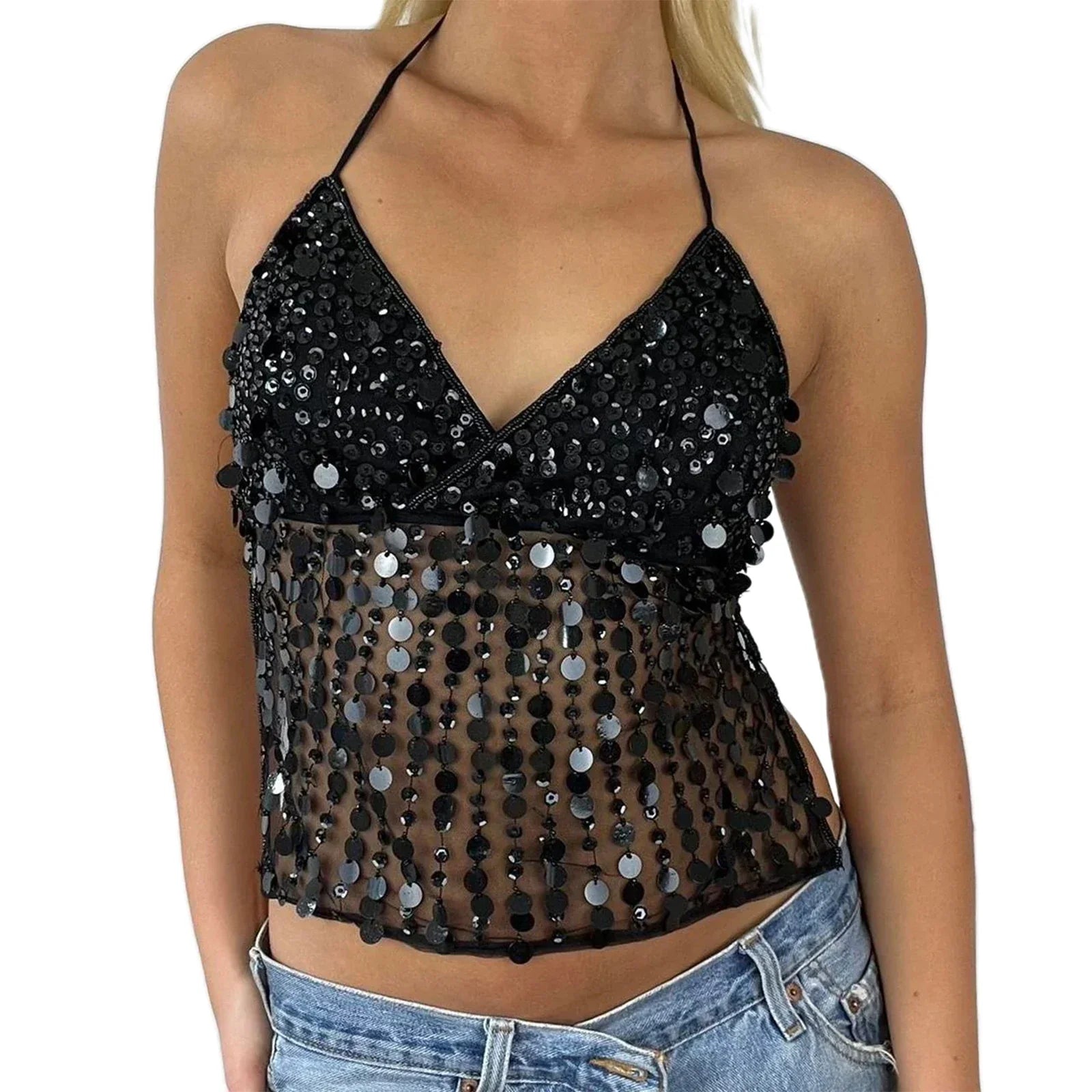 Women's Solid Color Halter Neck Crop Tops Summer Sleeveless V neck Open Back Slim Fit Tie Up Sequins Camis Tops
