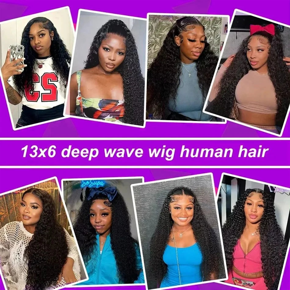 Deep Wave 44 Inch Curly 13x4 HD Transparent Lace Frontal Wigs Human Hair Front Wigs Pre Plucked With Natural Hairline For Women