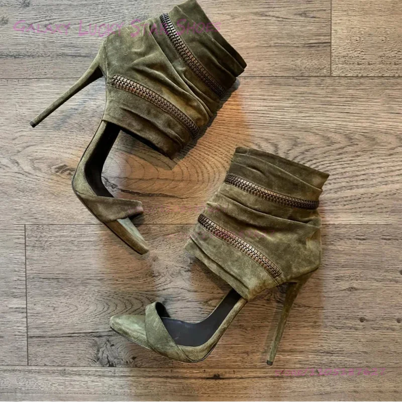 Dark Emerald Green Suede Ankle Wrap Sandals Women Open Stiletto Heel Round Toe Hot Chick Heels Metal Zip Cool Street Style Shoes