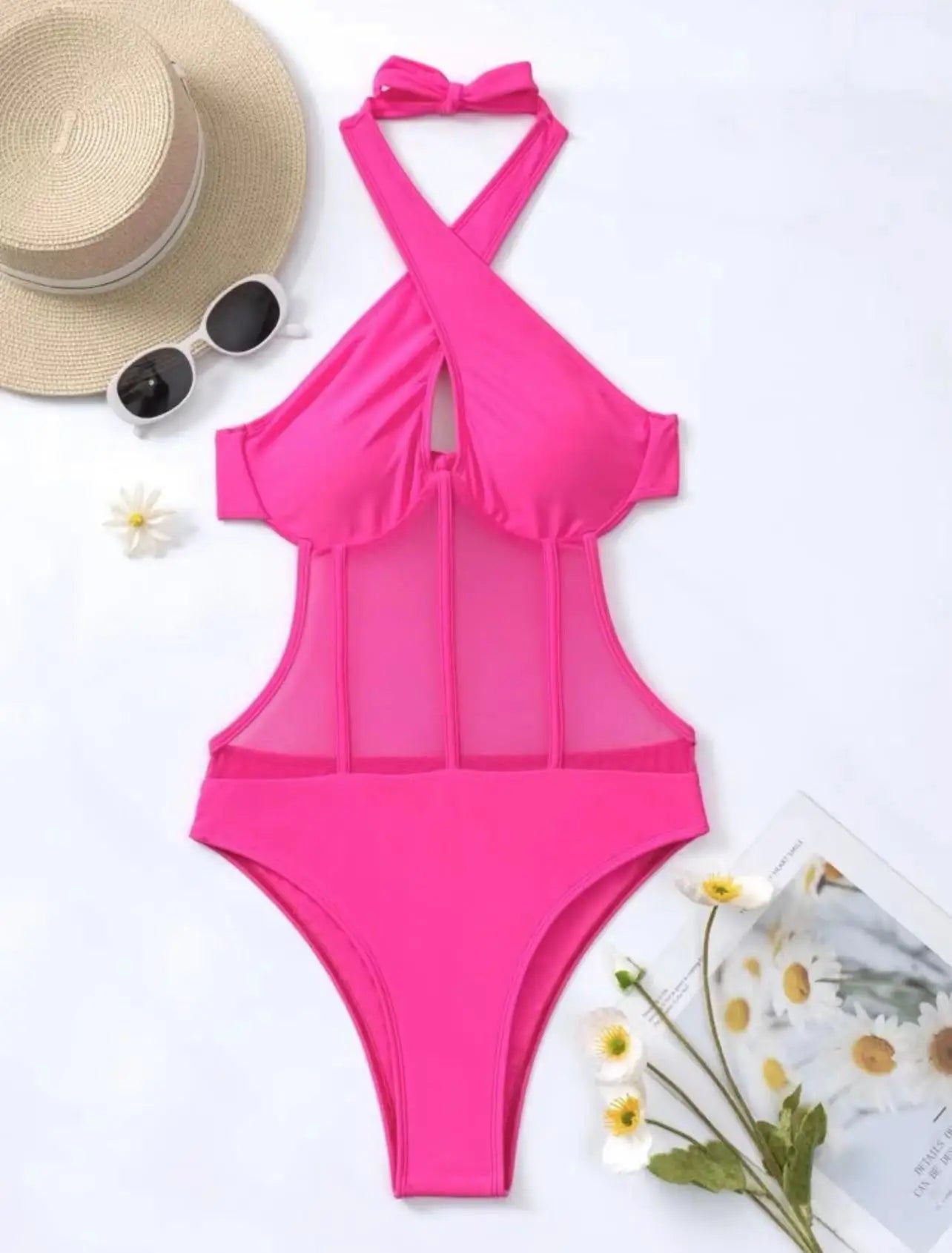 Sexy See Through One Piece Swimsuit 2025 Women Halter Corss Underwire Tummy Control Swimwear Solid Black Hot Pink Bathing Suits