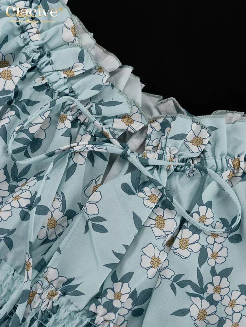 Clacive Summer Slim Print Women's Dress Fashion Slash Neck Short Sleeve Mini Dresses Elegant High Waist Patchwork Female Dress
