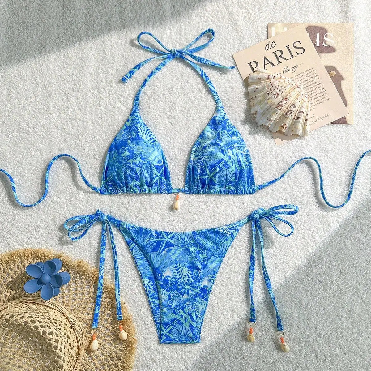 Sexy Orange Leaves Print Micro Bikini 2025 Women Shell Ornament Push Up Bra Bandage Thong Swimsuit Holiday Bathing Suit Swimwear