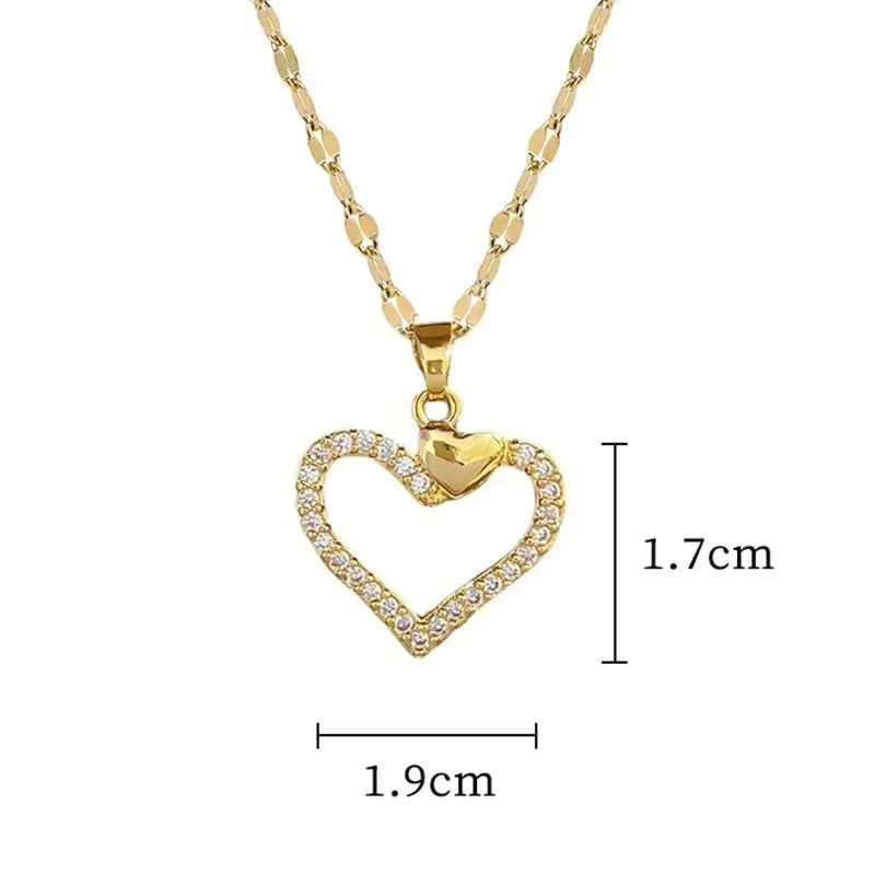Trendy Heart Stainless Steel Zirconia Necklaces For Women Girls Love Gold Color Metal Necklace Party Birthday Daily Jewelry