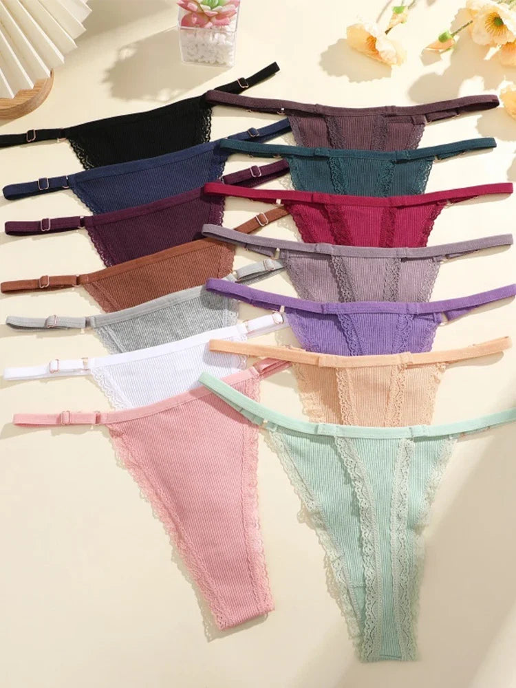 4Pcs Cotton Lace Panties Sexy G-String Women's Underwear Low Waist Comfortable Lingerie Briefs Adjustable Waist Thong Intimates