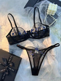 Ladies Classic Black Blue Floral Print Ultra-Thin Bra And Panties Set Elegant Underwear Combo for Women