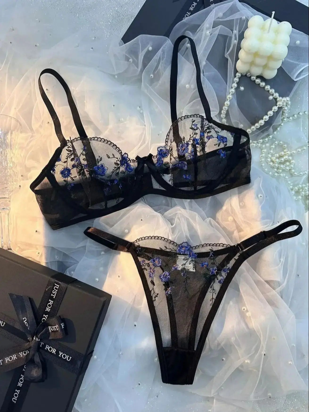 Ladies Classic Black Blue Floral Print Ultra-Thin Bra And Panties Set Elegant Underwear Combo for Women
