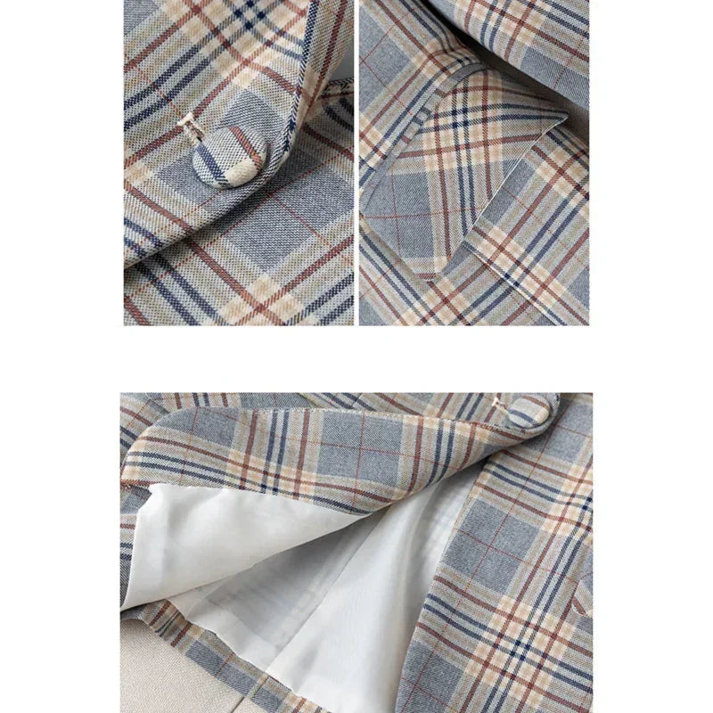 Gray Striped Plaid Blazer Jacket Women's Fashion Slim Coats V-Neck Single Button Ladies Blazers S-XXXXXL