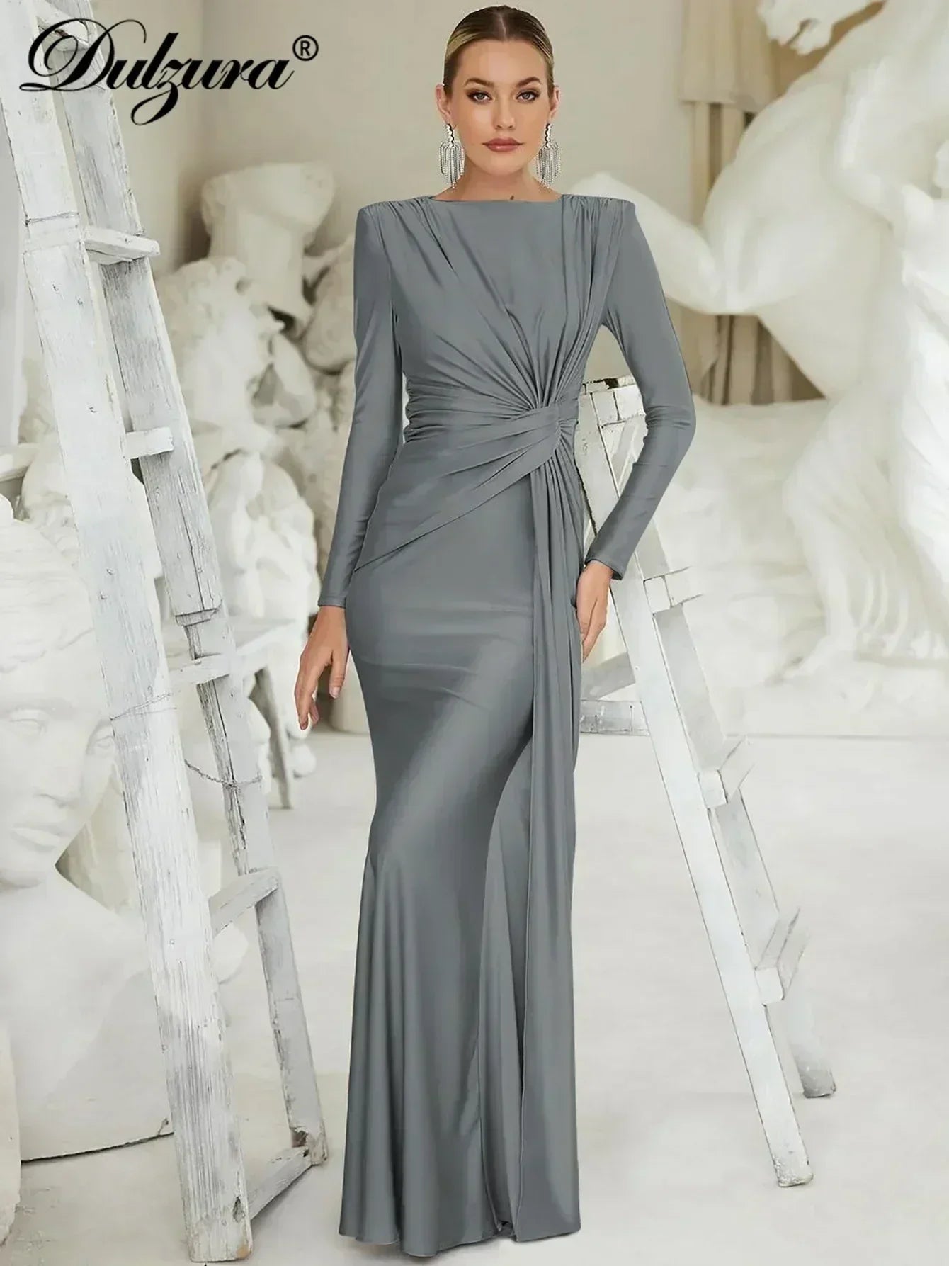 Dulzura Long Sleeves Shoulder Pad Ruched Maxi Dress Solid Elegant Prom Evening Party Long Dress Women’S Autumn Winter Outfit