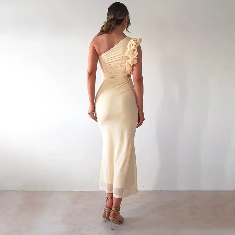 Articat Elegant Sleeveless Slant Shoulder Flower Dress Women Spring/Summer 2025 Sexy Mesh Wrap Hip Dress Party Evening Dress