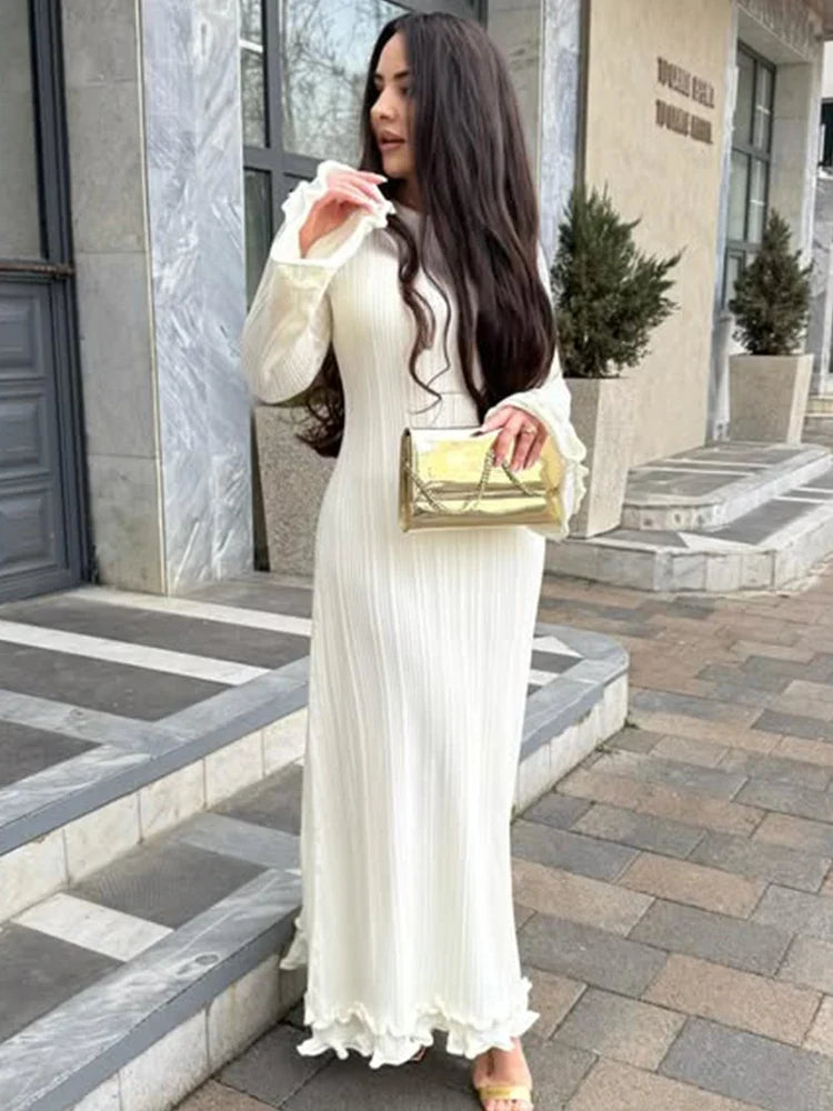 Trendix Knit Elegant Ruffle Maxi Dress Women Summer High Waist Long Sleeve Lace Up Dresses Casual Sexy Backless Knitwear Dress