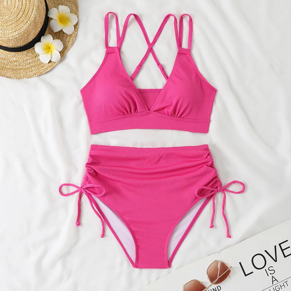Women's Two Piece Swimsuit Black Double Strap Push Up Pleate Drawstring Side High Waist Bikini 2025 Beach Bathing Suit Swimwear